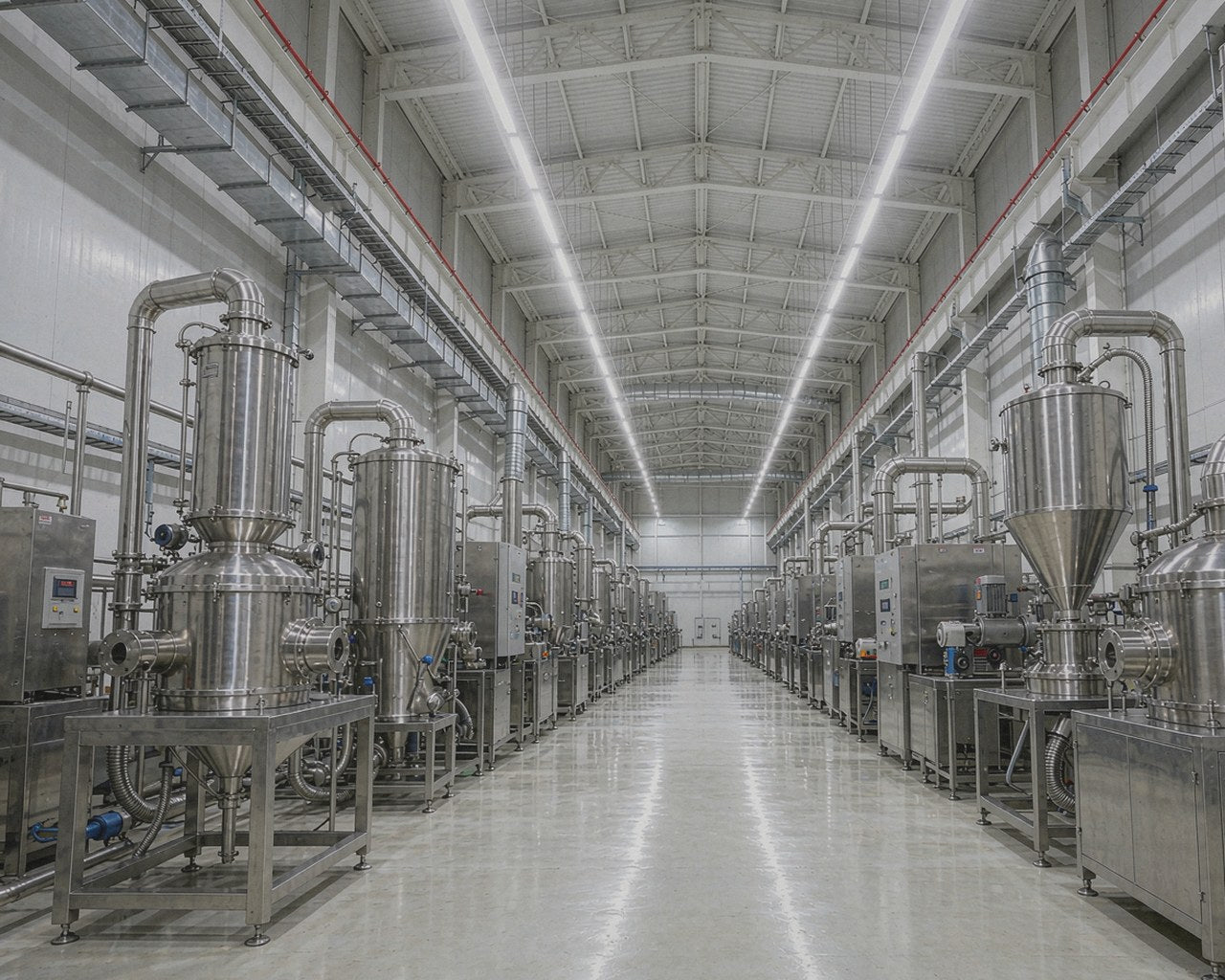 Modern matcha processing facility with stainless steel production line