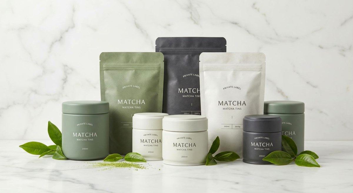 Assorted matcha packaging formats including pouches and tins
